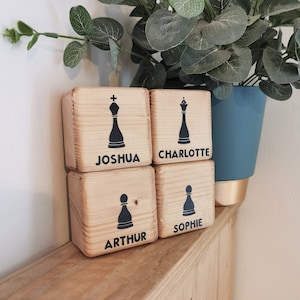 Personalised Family Wooden Blocks perfect for Fireplace decoration, Rustic Wood, Home Decor, Letter Blocks, Gift, Chess symbols.