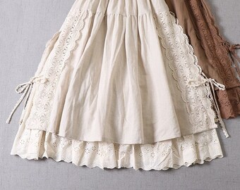 Cottagecore Linen Layered Midi Skirt, Mori Girl Lolita Victorian Vintage Style Skirt
