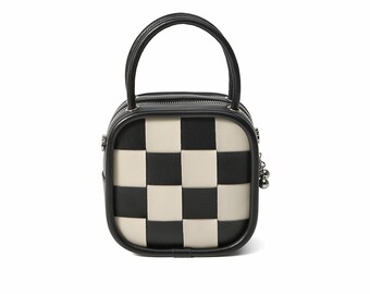 grey and white checkered purse