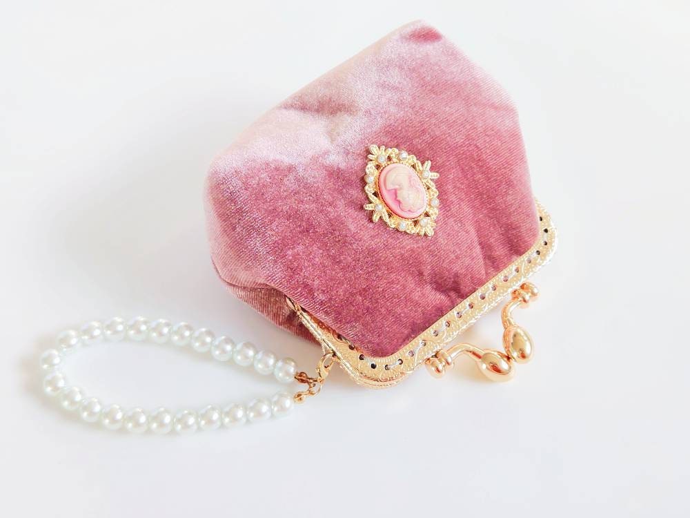 Velvet and Cameo Coin Purse W/ Pearl Strap Mini Makeup Bag 