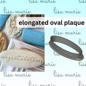 May include: A gray plastic elongated oval plaque cutter. The cutter is designed to create cookies or other baked goods in the shape of an oval.
