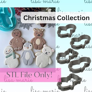 Könnte beinhalten: Ein Set aus fünf Weihnachts-Ausstechformen in Form eines Schneemanns, Pinguins, Lebkuchenmanns, Rentiers und Eisbären. Die Ausstechformen sind aus Metall und haben eine silberne Oberfläche. Der Text "Christmas Collection" und "STL File Only!" ist im Bild sichtbar.