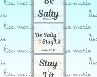 May include: Three square graphics with inspirational text on a light blue background. The top graphic reads "Be Salty" with a lightbulb illustration and Matthew 5:13. The second graphic says "Be Salty Stay Lit" with Matthew 5:13-16. The bottom graphic says "Stay Lit" with Matthew 5:14-16.