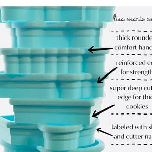 May include: A stack of light blue cookie cutters with a thick rounded comfort handle, reinforced edge for strength, super deep cutting edge for thick cookies, and labeled with shop and cutter name.