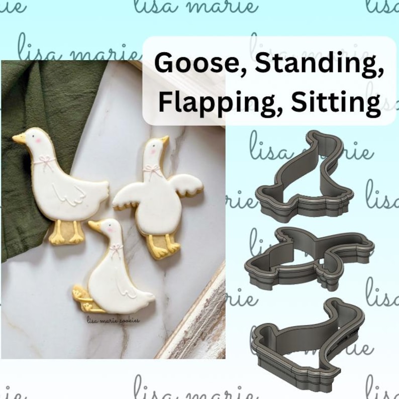May include: Three white goose-shaped cookies with yellow feet and pink bows.  Next to the cookies are three metal cookie cutters in the shape of a goose standing, flapping its wings, and sitting. The text "Goose, Standing, Flapping, Sitting" is written in black on a white background.