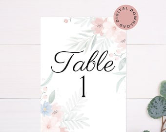 Pastel Floral Table Numbers - Numéros de table de mariage - Prêt à imprimer