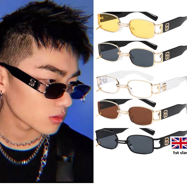 May include: Five pairs of rectangular sunglasses with gold metal frames and different colored lenses. The lenses are yellow, black, clear, brown, and black. The sunglasses have a gold metal detail on the side of the frames.