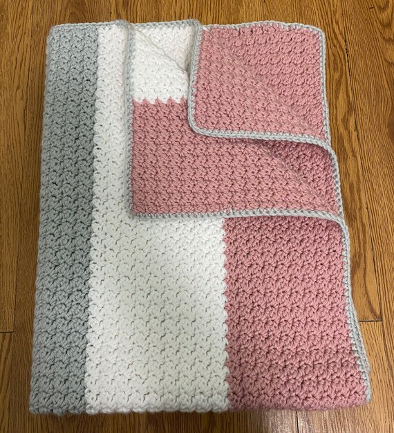 Crochet Baby Blanket Pink White and Grey Stripes Etsy