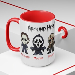 Around Here We Love, Halloween, Movies, Fridays, Dreams, Balloons, Horror, Halloween Mug, Two-Tone 15 ozCoffee Mug
