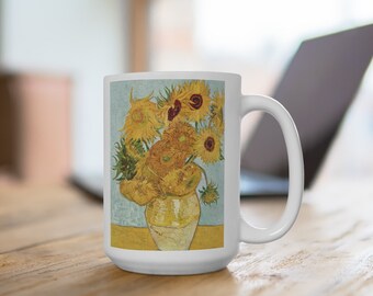 Vincent Van Gogh Famous Painting Mug, Vintage Art Mug, Van Gogh Signature, Sunflowers, Church at Auvers, Famous Artist Gift