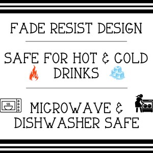 May include: A white graphic with black text that reads "Fade Resist Design", "Safe for Hot & Cold Drinks", "Microwave & Dishwasher Safe". The graphic also includes icons of a flame, ice cubes, a microwave, and a dishwasher.