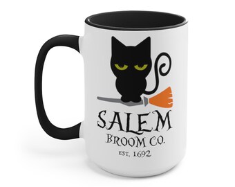 Salem Broom Co Est. 1692 Coffee Mug, Halloween Mug, Black Cat Mug, Salem Witch