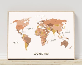 Printable World Map with Countries, Bedroom World Map Wall Decor, Nursery Decor Art, Decoration World Map Poster, Minimalist Modern Map