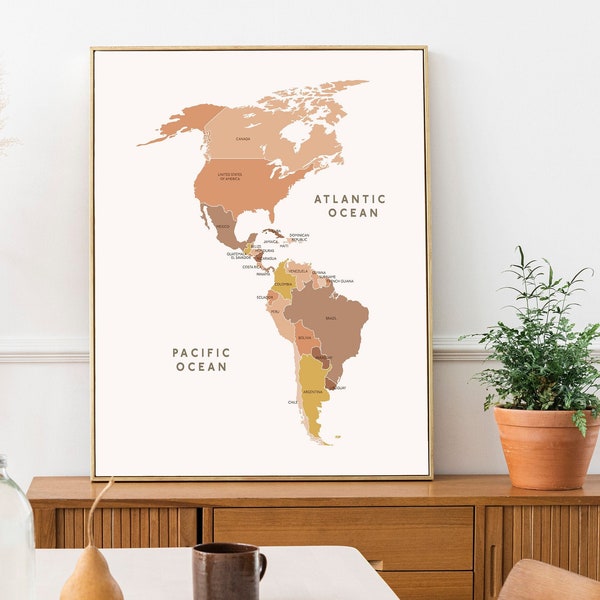 Printable Americas Map, North America Map, South America Map, Warm Neutral Colors, World Map Wall Art, Instant Download, Pink Ivory Beige