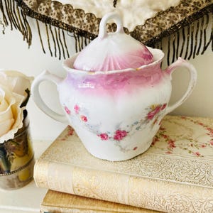 Puede incluir: Un azucarero vintage de porcelana blanca con tapa, adornado con diseños florales rosas y morados. El azucarero tiene dos asas y un delicado ribete dorado. Se encuentra sobre libros antiguos, sugiriendo un tema de elegancia clásica.