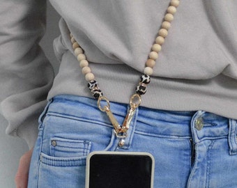 Cell phone chain made of natural wooden beads, leopard pattern, cell phone strap for hanging around your neck, cell phone chain for every woman and a cool gift for Mother's Day