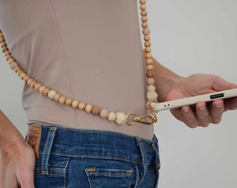 Cell phone chain made of wood & silicone beads, cell phone strap for hanging around your neck, beautiful cell phone accessories for every woman and a cool gift for Mother's Day