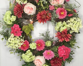 Spring Floral Wreath, Pink Spring Wreath, Elegant Spring Wreath, Designer Spring Wreath, Mixed Floral Wreath, Bright Spring Wreath