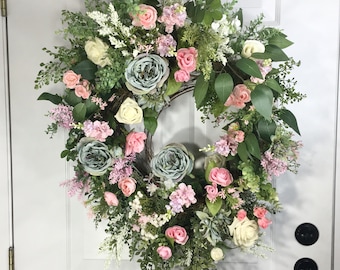 Pink and Teal Spring Wreath, Large Pink Spring Wreath, Pink Easter Wreath, Designer Easter Wreath, Pink Mother's Day Wreath,