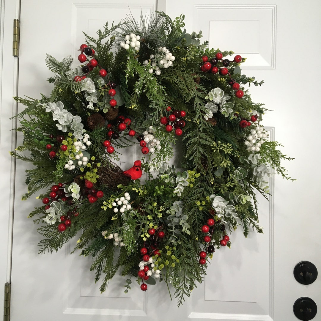 Woodland Winter Wreath, Snowy Evergreen Wreath, Winter Cardinal Wreath ...
