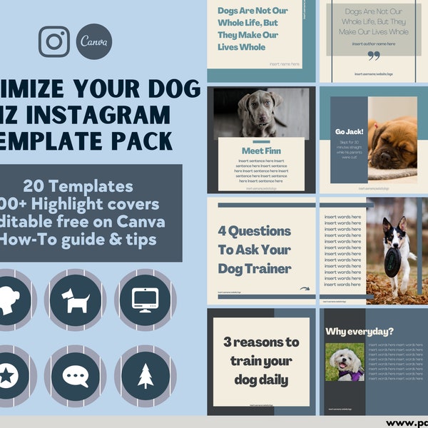 Erweitere dein Instagram mit diesen Vorlagen für Dog Business, Pet Business | blaue Instagram Vorlagen | Canvas-Vorlagen