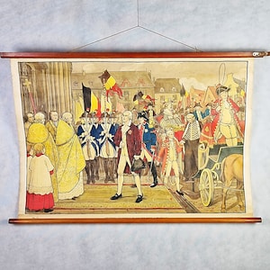 Consejo educativo, carta escolar, tablero desplegable vintage, Edmond van Offel , años 50 , Recepción solennelle de van der Noot a Bruxelles