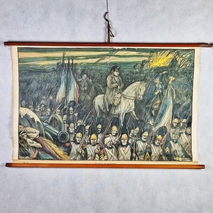 May include: A vintage educational poster depicting a historical battle scene. The poster features a group of soldiers in uniform, a cannon, and a general on horseback. The scene is set against a backdrop of a stormy sky with a distant explosion.