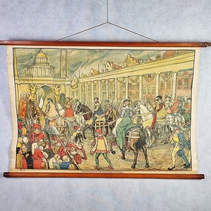May include: A vintage educational poster depicting a historical procession with people on horseback and in carriages. The poster is illustrated in a colorful style with a detailed background of a city street.
