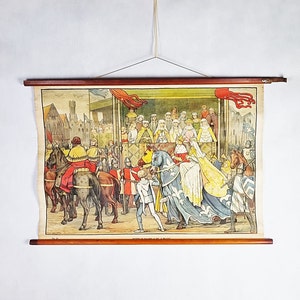 May include: A vintage educational poster depicting a medieval scene with a king and queen on horseback, surrounded by knights and ladies in colorful clothing. The poster is mounted on a wooden roller and has a title at the bottom.