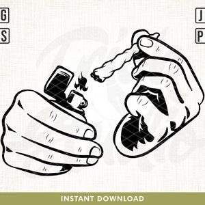 May include: A black and white illustration of two hands, one holding a lighter and the other holding a rolled up cigarette.