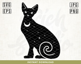 月猫 SVG、星猫シルエット クリップアート、神秘的な月のカット