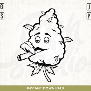 May include: Black and white line art illustration of a cartoon marijuana bud with a human-like face smoking a cigarette. The bud has a large, round head with a wide smile and closed eyes. It is wearing a leaf as a hat and has a large, leafy stem.
