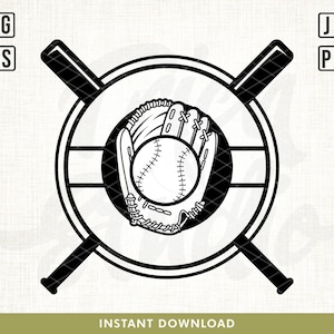 Op de afbeelding: Zwart-witte illustratie van een honkbalhandschoen en een bal in een cirkel met twee gekruiste honkbalknuppels erachter.