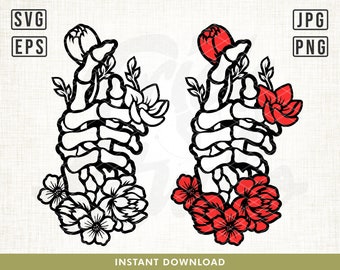 Floral Skeleton Hands Svg, Skeleton Hands Rose Svg, Hands Death Svg, Flower Tattoo Designs, Skull Svg, Roses Svg, Skeleton Hand Cut File