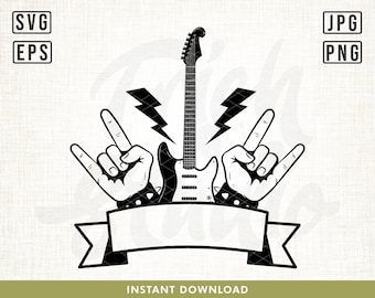 Svg rock and roll, musique rock and roll, guitare SVG, signe de la main rock Svg, rocker Svg, Heavy Metal Svg, groupe de rock svg, svg de musique rock, png