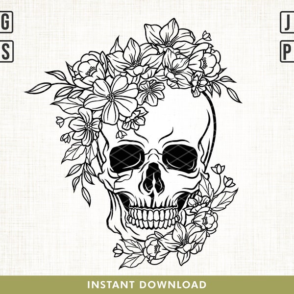 Floral Skull Svg, Skull Svg, Flower Skull Svg, Flower Skull Clip Art, Sugar Skull Svg, Skull Vector, Skull Flower Crown svg, Skull shirt