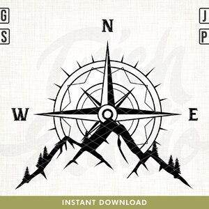 May include: Black and white illustration of a compass with a mountain range in the background. The compass points north, south, east, and west. The mountains are jagged and have trees on them.