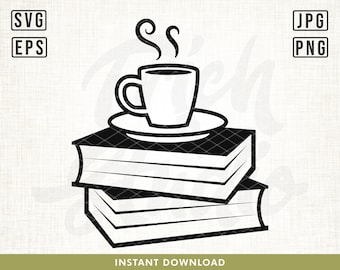 Boeken en koffie svg, boekenliefhebber svg-bestand, koffieliefhebber svg, koffie svg, lezen svg, bibliotheek svg, boeken svg, boekenbeker. Boeken gesneden bestanden,svg