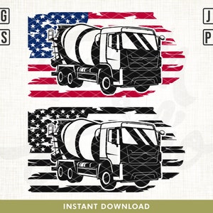 May include: A black and white illustration of a cement mixer truck in front of a distressed American flag. The truck is facing the viewer and has a large drum on the back. The flag is red, white, and blue and has a distressed look to it.