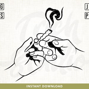 May include: Black and white line art illustration of two hands holding a lit joint with smoke rising from it.