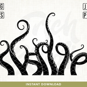 May include: Black silhouette of an octopus with multiple tentacles, each with suckers. The tentacles are curled and twisted, creating a dynamic and intricate design.