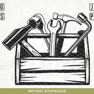 Puede incluir: Una ilustración en blanco y negro de una caja de herramientas con varias herramientas en su interior, incluyendo un martillo, una llave inglesa y un destornillador. La caja de herramientas está hecha de madera y tiene un diseño sencillo.