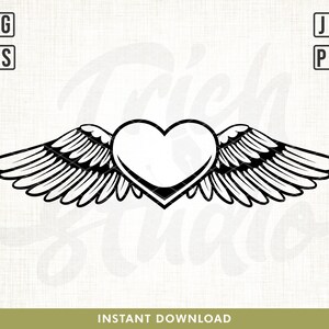 May include: A black and white graphic of a heart with angel wings. The heart is in the center, with wings extending outward on either side. The image includes the text "Trish Studio" and "Instant Download".