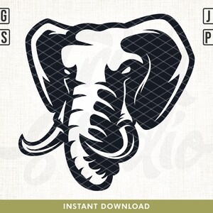 Puede incluir: Silueta en blanco y negro de la cabeza de un elefante con una trompa y colmillos detallados.