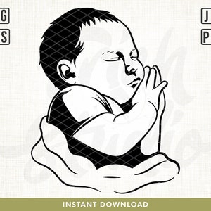 Puede incluir: Ilustración en blanco y negro de línea de arte de un bebé durmiendo con las manos juntas. El bebé está siendo sostenido por una mano.