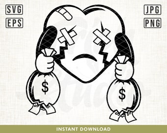 Broken Heart Money Svg File, Money svg, Hustling svg, Money Hustler svg, Heart svg, Break up heart svg, Hustler svg, Heart mascot svg, png
