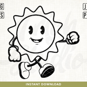 Puede incluir: Ilustración de un sol de dibujos animados en blanco y negro con una cara sonriente, brazos y piernas. El sol está corriendo y tiene un diseño retro. La imagen incluye el texto "INSTANT DOWNLOAD" en la parte inferior y "SVG", "EPS", "JPG" y "PNG" en las esquinas.