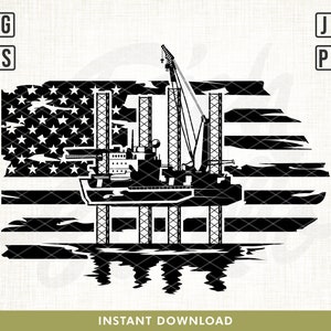 May include: Black and white silhouette of an oil rig with a crane, set against a distressed American flag background. The rig is reflected in the water below.