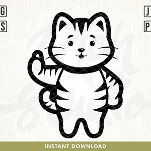 May include: Black and white illustration of a cartoon tiger giving a thumbs up. The tiger has a striped body and a cute face.