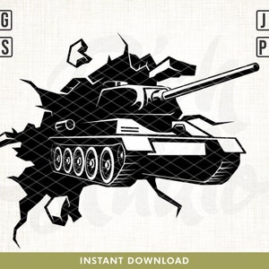 May include: A black and white silhouette of a tank breaking through a wall. The tank has a large cannon and tracks. The wall is cracked and broken.